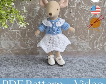 Patrón de tejido para la hermana mayor Maileg Mouse, falda y chaqueta, patrón en PDF en inglés y vídeo.