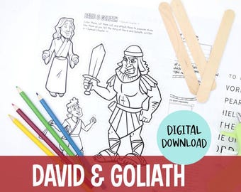 David och Goliat Bibelpyssel för barn Utskrivbar söndagsskoleaktivitet Glasspinnarockor Kristna målarbilder