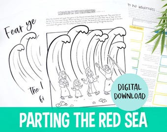 May include: Black and white line art illustration depicting the parting of the Red Sea. The image includes text that says "Fear ye the I fi" and "Parting the Red Sea". A digital download graphic is also included.