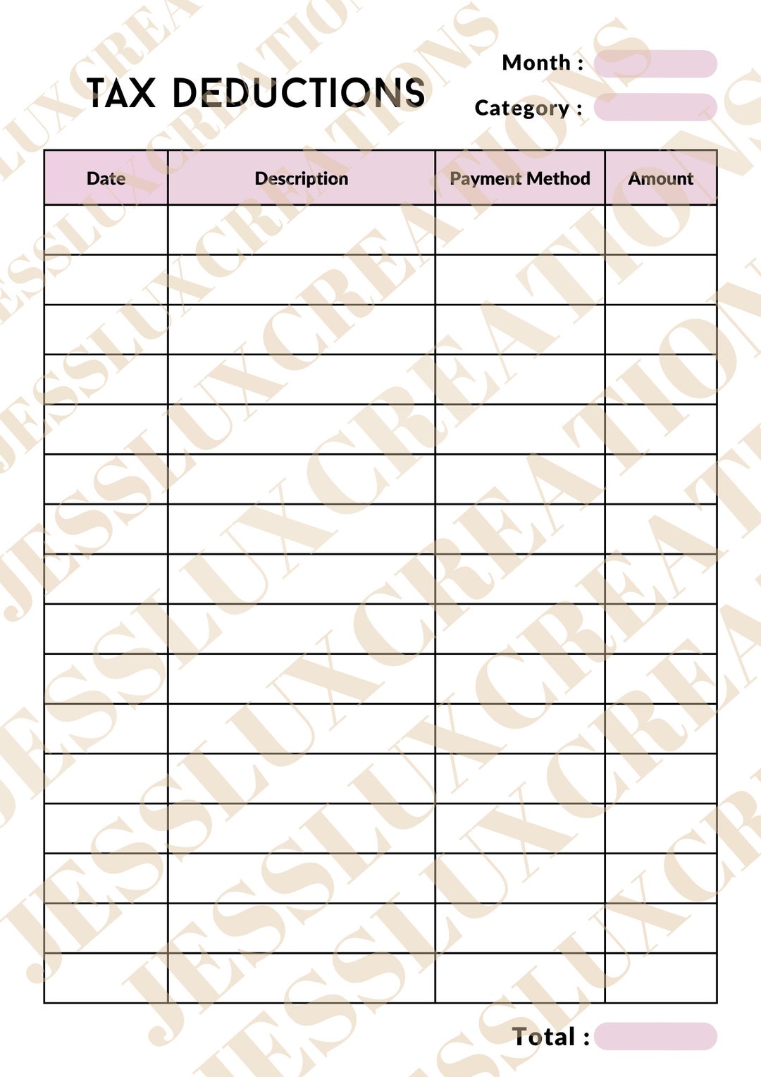 Tax deduction tracker printable tax deduction log business tax log
