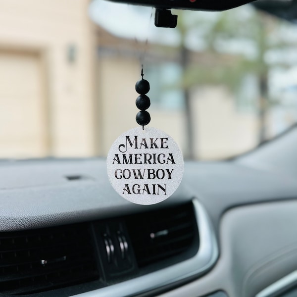 Make America Cowboy Again Rearview Mirror Hanging Car Accessory, Cowgirl Car Charm, Rear View Mirror Hanger, Trendy Cowboy Western Car Decor