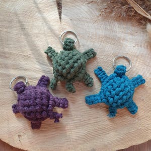Könnte beinhalten: Drei gehäkelte Schildkröten-Schlüsselanhänger in verschiedenen Farben: lila, grün und blau. Jede Schildkröte hat einen silbernen Metallring.