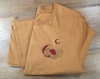 Embroidered Mushroom & Moon Tee | Terra Cotta T-Shirts | Cottagecore Nature Celestial Design | Cute Minimalist Gifts | Plus Sizes Available