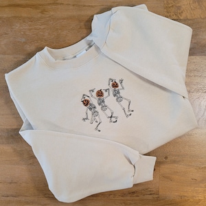 Embroidered Halloween Crewneck | Silly Dancing Pumpkin Head Skeletons | Minimalist Spooky Season Sweatshirt | Customizable | Comfort Colors