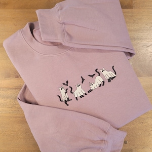Embroidered Cat in Ghost Costume Crewneck | Scary Cute Ghost Cats & Bats | Halloween Sweater | Minimalist Spooky Season Sweatshirt
