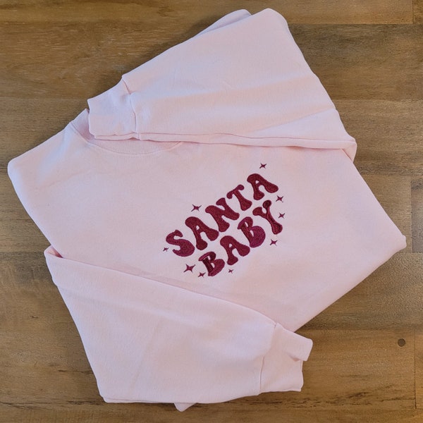 Embroidered Santa Baby Crewneck | Cute Minimalist Holiday Sweatshirt | Flirty Pink Christmas Sweater | Retro Bubble Letters | Comfort Colors