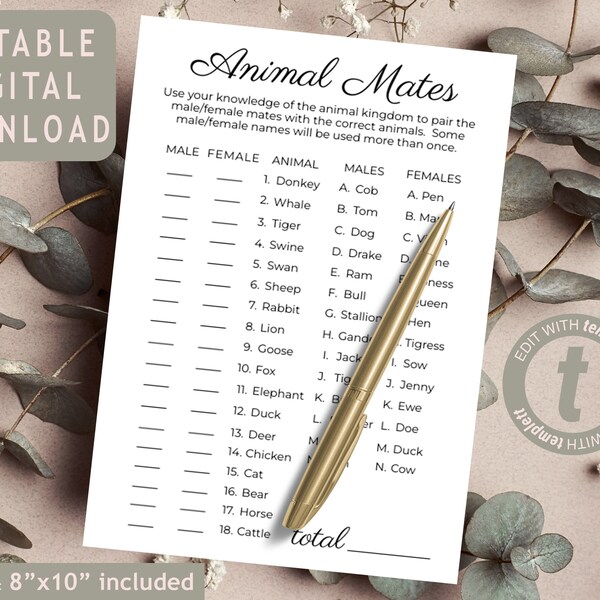 Minimalist Animal Mates Bridal Shower Game, Printable Minimalist Wedding Shower Game, Funny Bridal Shower Game, Instant Download