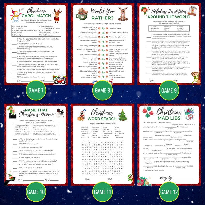 Printable Christmas Game Bundle Fun Christmas Party Games Family