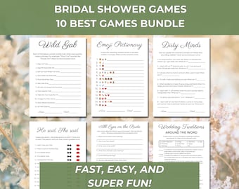 May include: A printable bridal shower game bundle with 10 different games. The games include "Wild Gab", "Emoji Pictionary", "Dirty Minds", "He Said, She Said", "All Eyes on the Bride", and "Wedding Traditions Around the World".
