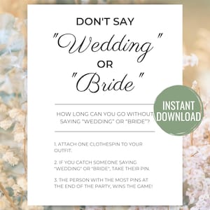 Don&#39;t Say Wedding or Bride Fun Bridal Shower Game Printable Sign Minimalist Wedding Shower Game Funny Bridal Shower Game Instant Download