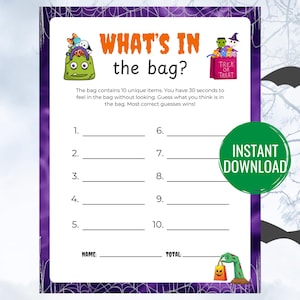 May include: A printable Halloween game card with a purple background and spiderwebs. The card has the title "What's in the bag?" and instructions for a game where players guess what is in a bag by feel. The card has 10 blank lines for players to write their guesses.