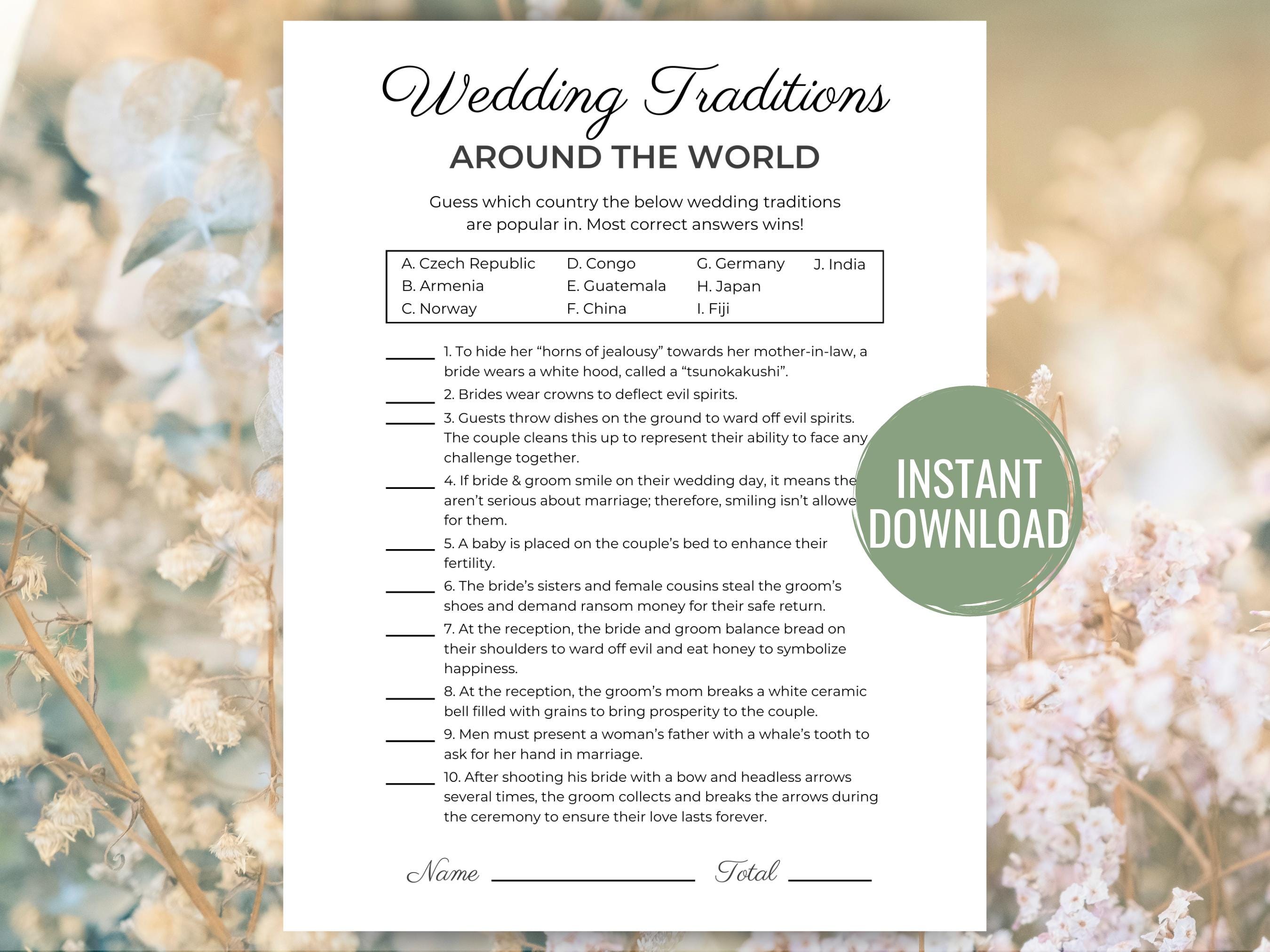 Wedding Traditions Around the World Fun Bridal Shower Games Printable Wedding Shower Games Unique Bridal Party Game Instant Download Hen Do