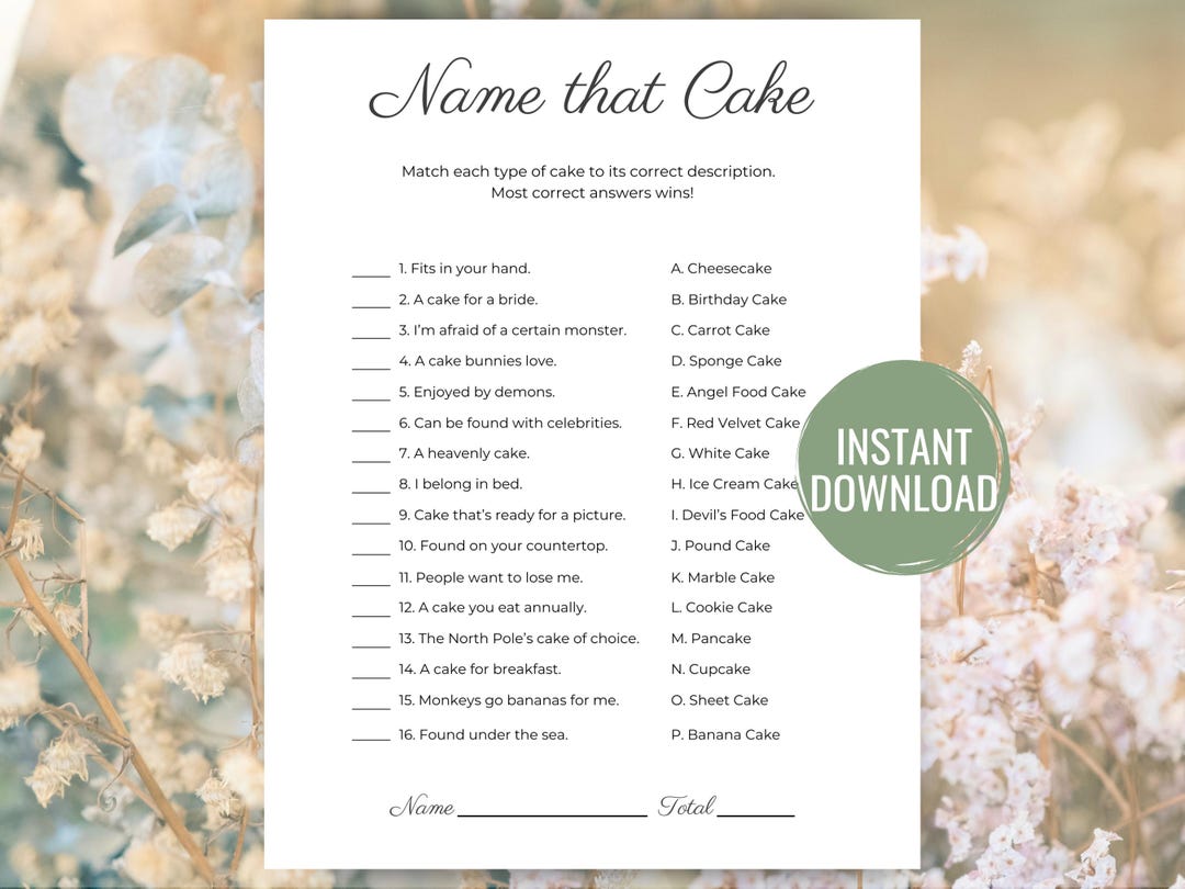 Name That Cake Game Fun Bridal Shower Game Printable Minimalist Wedding ...