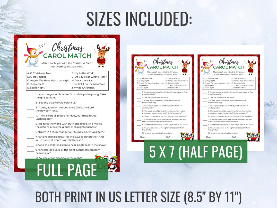 Christmas Carol Match Game Printable Christmas Game Christmas Activity ...
