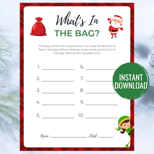 What's in the Bag Christmas Game Printable Christmas Game Christmas Activity Fun Christmas Party Game Christmas Game for Adults and Kids