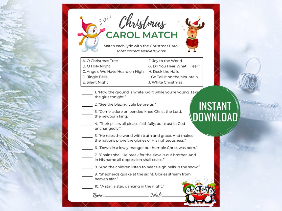 Christmas Carol Match Game Printable Christmas Game Christmas Activity ...