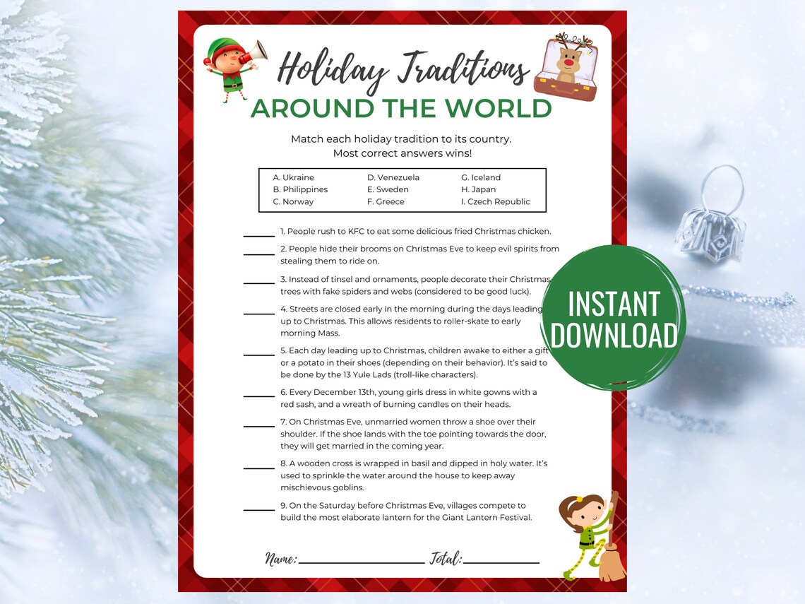 Holiday Traditions Around the World Game, Printable Christmas Activity ...