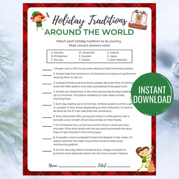 Holiday Traditions Around the World Game Printable Christmas Game Christmas Activity Christmas Party Game Game For Adults and Kids