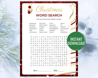 Op de afbeelding: Een rode en gouden kerstwoordzoekpuzzel met een feestelijk kerstthema. De puzzel bevat een raster met letters met woorden die met kerst te maken hebben, zoals "sneeuwman", "kous", "ijspegels", "cadeaus", "rendier", "versieringen", "boom", "warme chocolademelk", "krans", "kerstbelletjes", "peperkoek", "schoorsteen", "vorst", "kerstman", "elf", "krans", "notenkraker", "vrolijk" en "kerstmis".