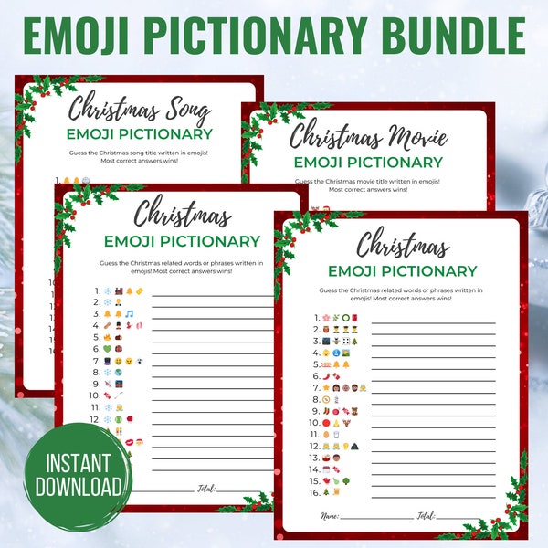 Christmas Emoji Game Bundle 4 Emoji Pictionary Printable Christmas Games Christmas Movie Emoji Game Christmas Song Emoji Game For Kids