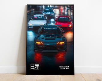 Nissan GT-R R33 Poster | JDM Street Racing Rain Scene Print | A3 A2 A1 A0 Wall Decor