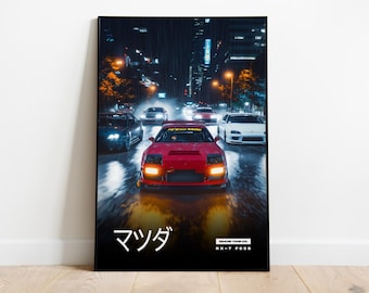 Mazda RX-7 FC Poster | Retro JDM Night Scene Print | Japanese Car Art A3 A2 A1 A0