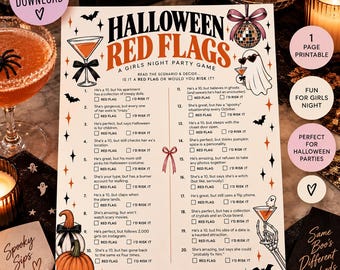 Op de afbeelding: Een wit Halloween-feestspelblad getiteld Halloween Red Flags met twintig genummerde datingscenario's, selectievakjes voor Red Flag of I'd Risk It, en illustraties van een martiniglas, discobal, spook en pompoenen.