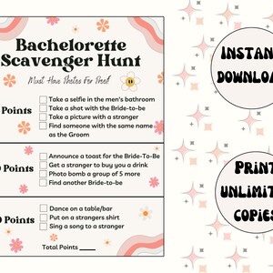 May include: A printable bachelorette scavenger hunt game card with pink, white, and gray floral designs. The card has a list of tasks to complete, with points assigned to each task. The card also includes the text "Instant Download" and "Print Unlimited Copies".