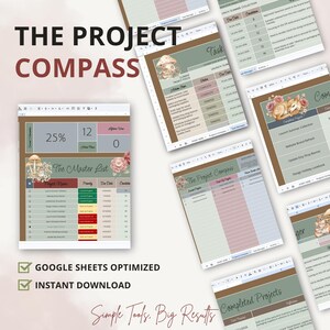 May include: A digital project management template titled The Project Compass, featuring multiple Google Sheets views with task lists, status trackers, and project names. The design includes mushroom and floral illustrations in muted green, brown, and pink tones.