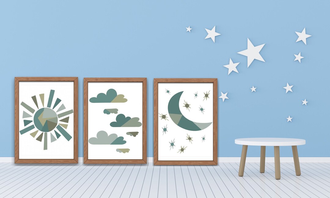 Nursery Kids Moon Sun Clouds Printable Wall Art, Set of 3 Prints ...