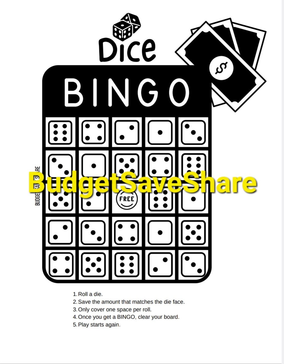 Dice BINGO Savings Challenge Printable PDF Sinking Funds Etsy