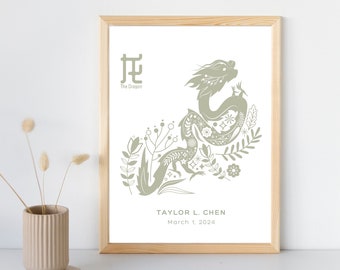 Year of the Dragon Personalized Wall Art Print, Keepsake Baby Gift, Chinese Zodiac Custom Name Art, Custom Nursery Decor, Baby Name Print