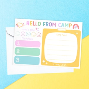 Ensemble de papeterie de colonie de vacances personnalisée pour fille | Cartes de correspondance Hello From Camp pour l'ensemble de soins dans un camp d'été Papeterie personnalisée pour enfants