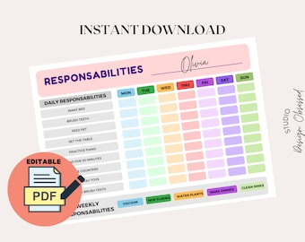 Editable Kids Chore Chart | Colorful Weekly Responsibility Checklist (PDF)