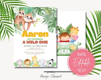 Editable Wild One Safari Birthday Invitation | Jungle Animals (Digital Download)