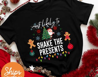 Camisetas familiares navideñas personalizadas, camisetas con las que más probablemente irán a Navidad, camisetas divertidas para fiestas navideñas, camisetas navideñas, pijamas navideños a juego