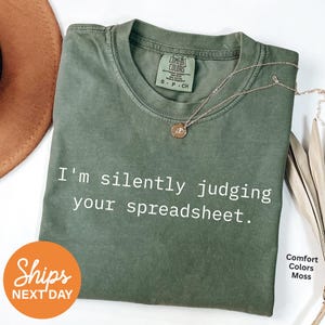 May include: A green t-shirt with the text "I'm silently judging your spreadsheet." printed in white. The shirt is made of a soft, comfortable fabric and has a relaxed fit.
