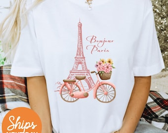 Camiseta Comfort Colors® Bonjour París, camiseta de la Torre Eiffel, camiseta de viaje a Francia, regalo para amantes de París, camiseta para profesor de música, regalos para profesor de música