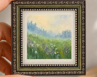 Impressionistisch schilderij 'Morning Meadow' met olieverfpastel, mini ingelijst kunstwerk, salontafeldecoratie, 8 x 8 cm