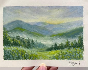 Dipinto originale a pastello ad olio "Valle Nebbiosa", paesaggio montano decorativo, arte murale naturalistica, 7 x 5 pollici