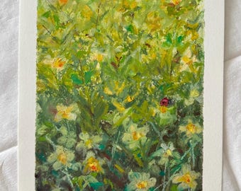 Original Wildflower Garden Oil Pastel Painting, Botanical Wall Art, 7x5 inch
