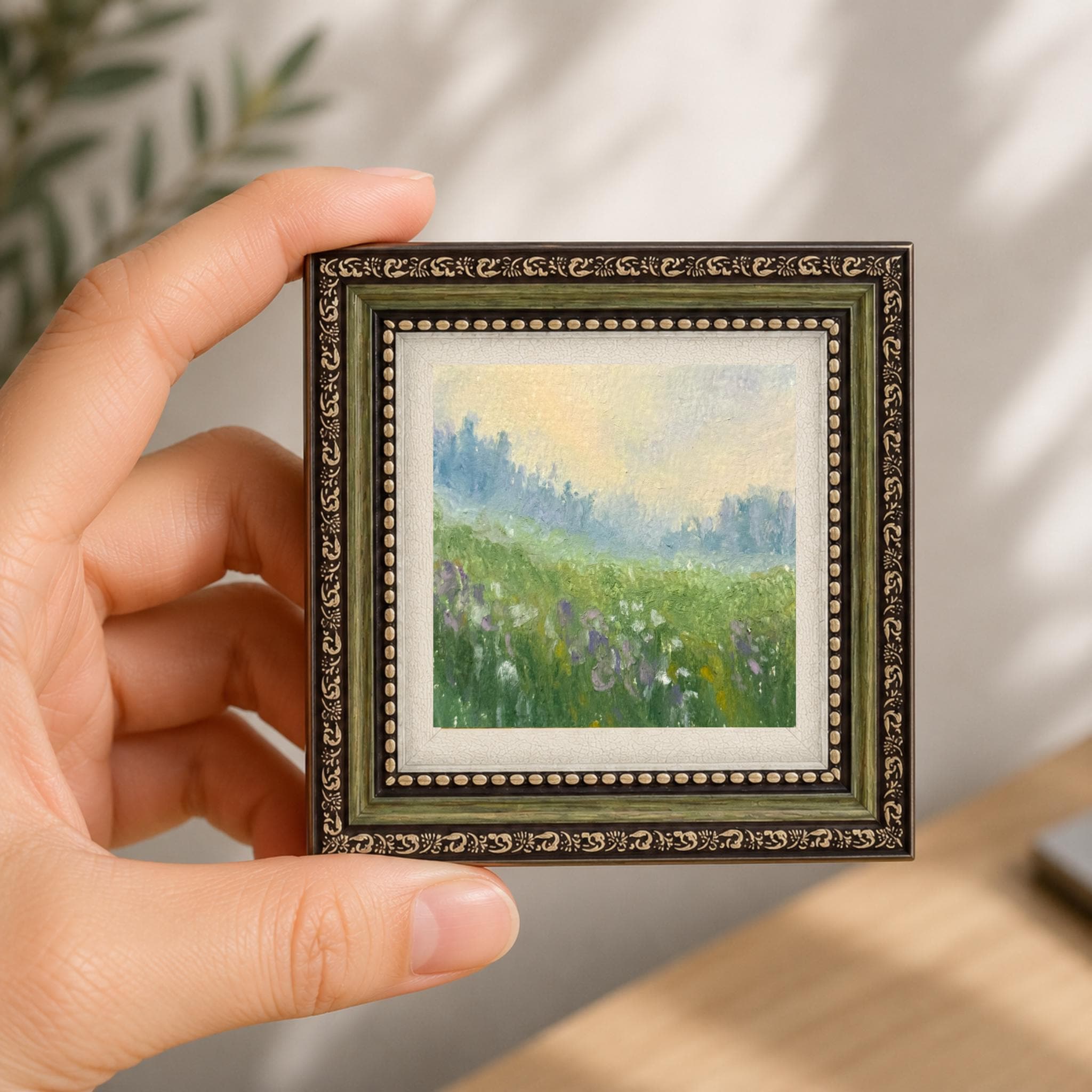 Morning Meadow Impressionist Original Oil Pastel, Mini Framed Art, Coffee Table Decor, 8x8cm