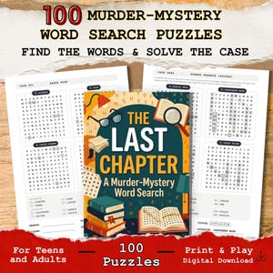 Könnte beinhalten: Ein Buch mit dem Titel The Last Chapter: A Murder-Mystery Word Search mit dunkelblau-grünem Einband, illustriert mit Brille, Büchern und Lupe, neben zwei weißen Seiten mit gedruckten Wortsuchrätseln in Gitterform.