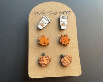Fall Earring | Pumpkin PSL Wooden Stud Earrings | Pumpkin Spice Latte Studs | Halloween Studs | Laser Engraved | Thanksgiving Earring |