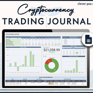 May include: A laptop computer screen displaying a cryptocurrency trading journal dashboard with charts, graphs, and data tables. The dashboard includes a current balance of $21,058.99, a win rate chart, and a calendar.