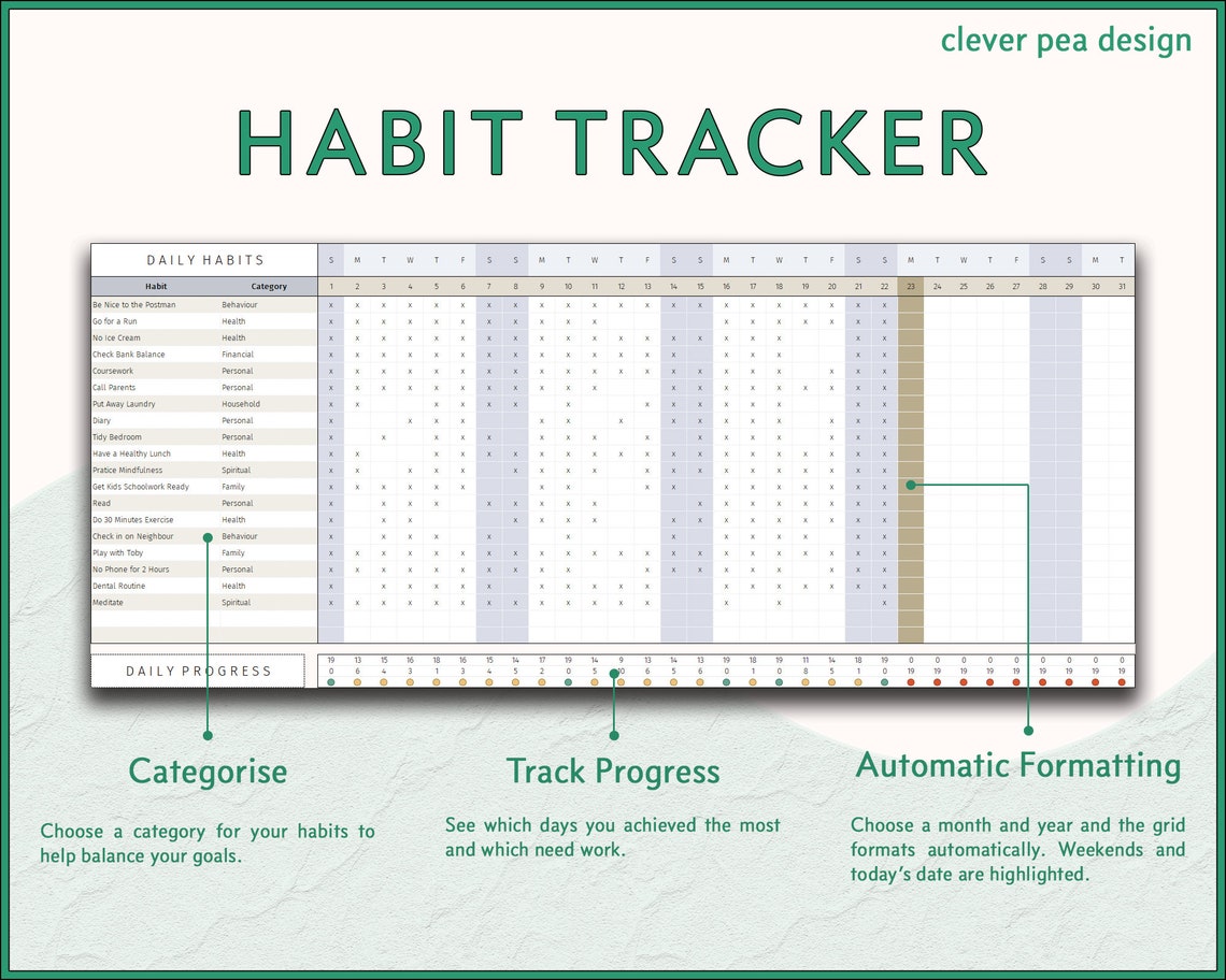 Habit Tracker for Excel Template Etsy UK