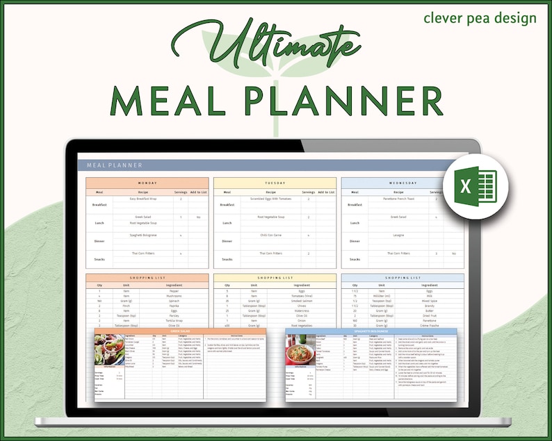 Weekly Meal Planner Excel Spreadsheet | Recipes and Automatic Shopping ...