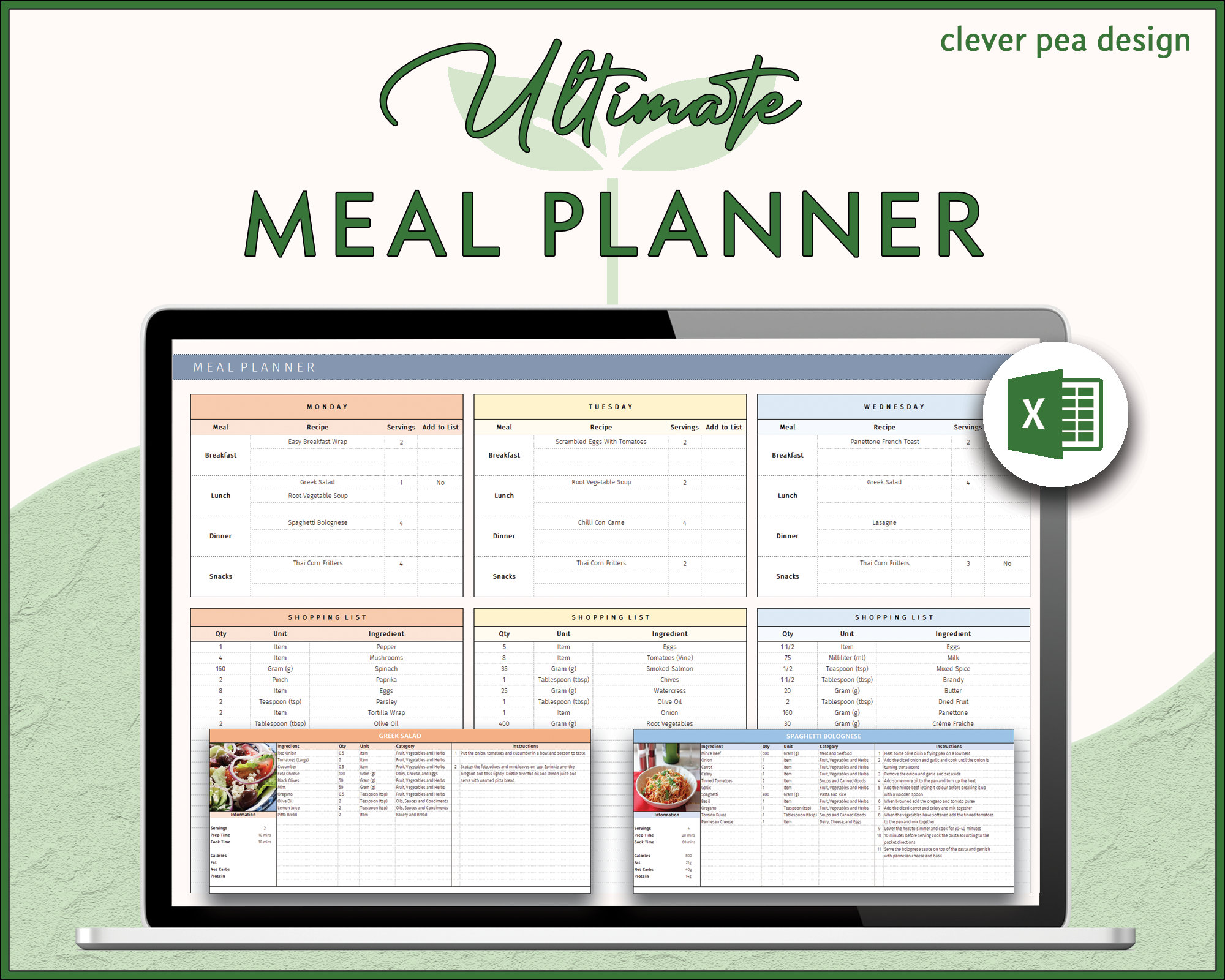 Weekly Meal Planner Excel Spreadsheet | Recipes and Automatic Shopping ...