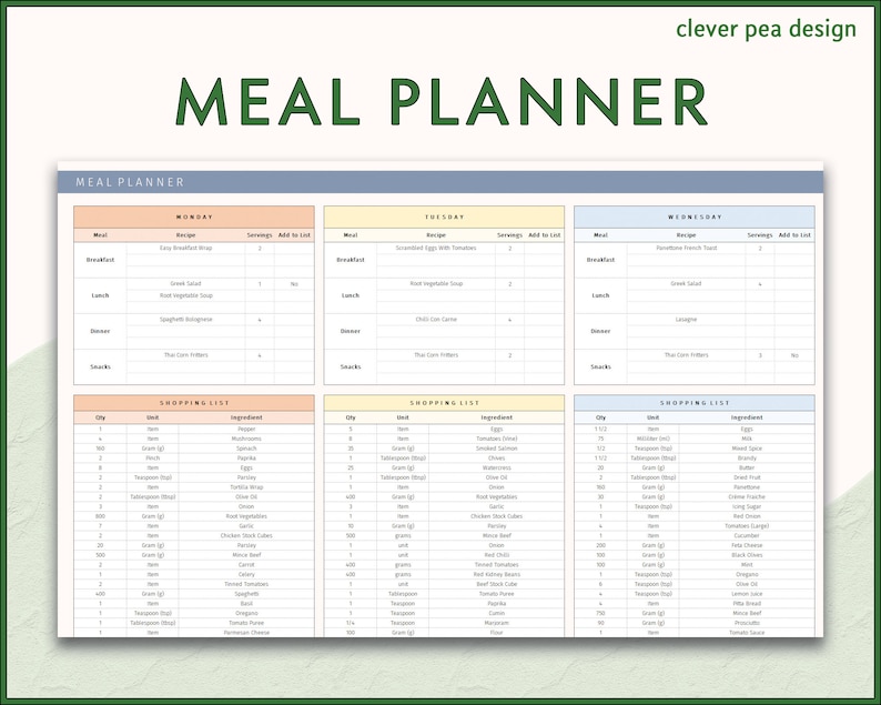 Weekly Meal Planner Excel Spreadsheet | Recipes and Automatic Shopping ...