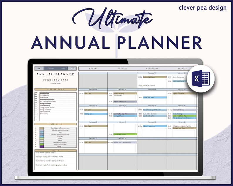 K&ouml;nnte beinhalten: Ein digitaler Planer auf einem Laptop-Bildschirm mit dem Titel "Ultimate Annual Planner" und dem Monat Februar 2023. Der Planer ist in Wochentage unterteilt und enth&auml;lt eine To-Do-Liste, Kategorien und Notizen.